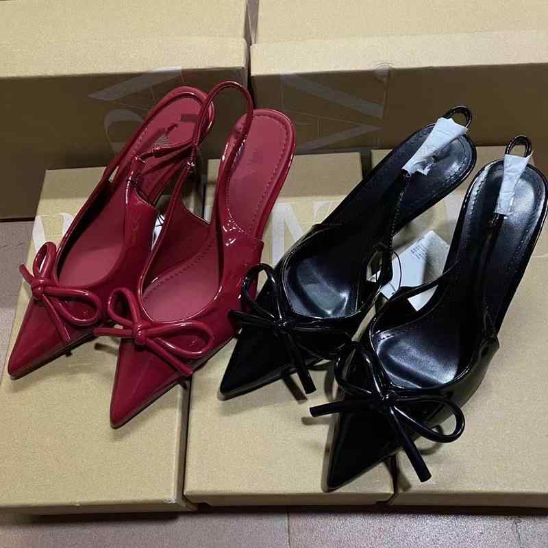 パンプス レディース ポインテッドトゥ ピンヒール バックストラップ エナメル 牛革 高ヒール 黒 赤 春夏 秋冬 パーティー