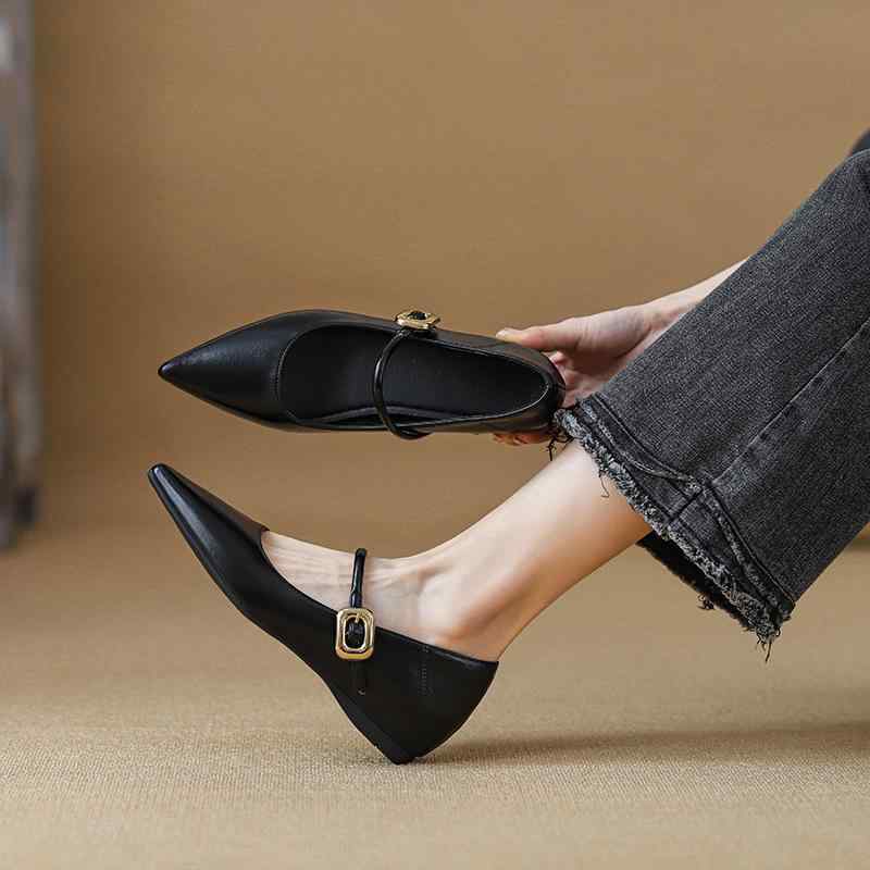 マリージェーン レディース 靴 シューズ 春 ローヒール 杏色 ワインレッド ブラック ポインテッドトゥ ..