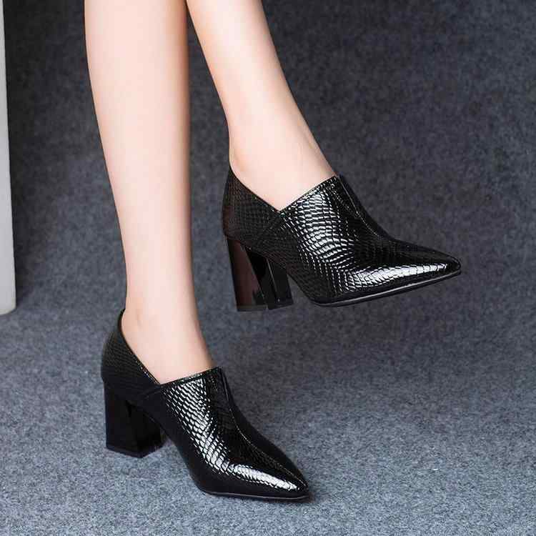 パンプス レディース ポインテッドトゥ 太ヒール ハイヒール スリッポン PUレザー 合成皮革 無地 ローカット チャンキーヒール 普段使い パーティー ブラック系