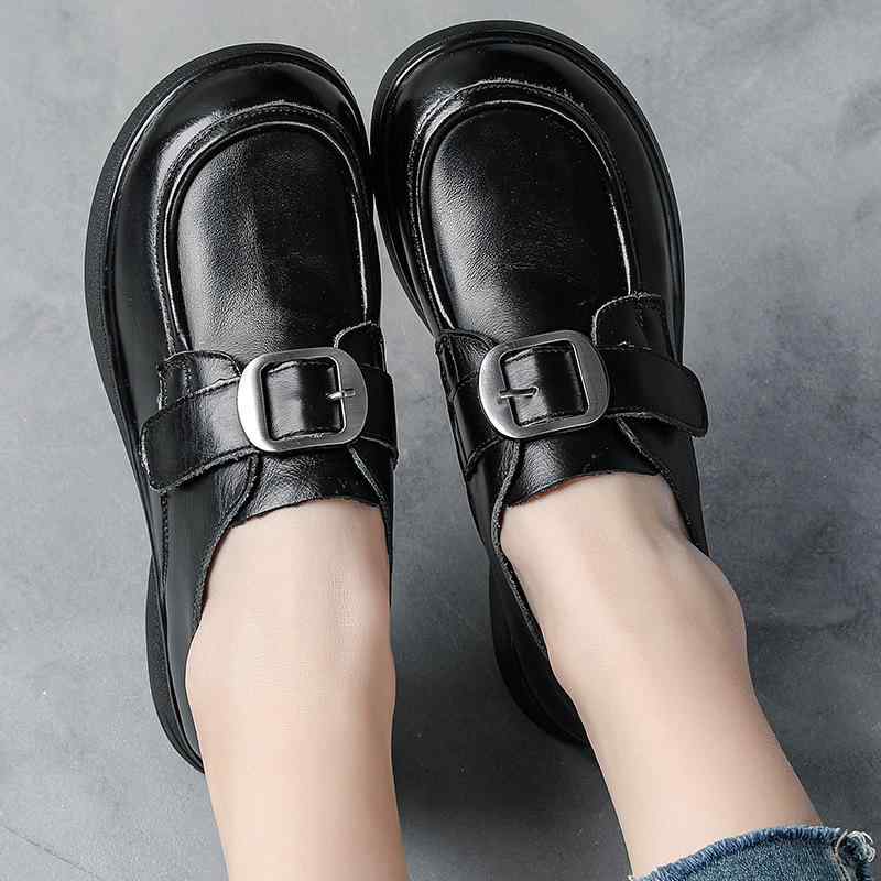 靴 レディース 厚底レザーシューズ 革 ローファー スリッポン ラウンドトゥ 太ヒール 防水 春夏秋冬 黒 茶色