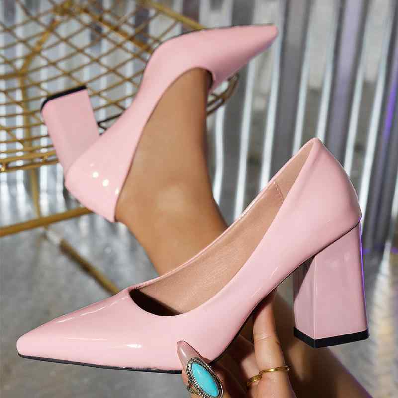 パンプス レディース 大きいサイズ ポインテッドトゥ 太ヒール ローカット スリッポン 無地 PU 春夏 秋冬 黒 ベージュ ピンク系
