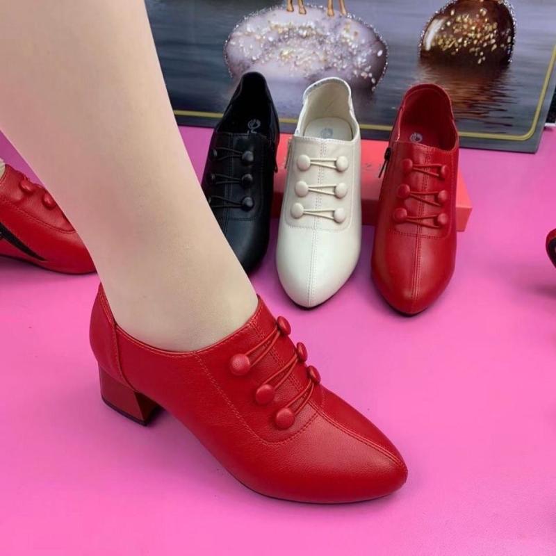 パンプス レディース ポインテッドトゥ 太ヒール ローヒール 婦人靴 PUレザー 無地 春秋 黒 赤 白