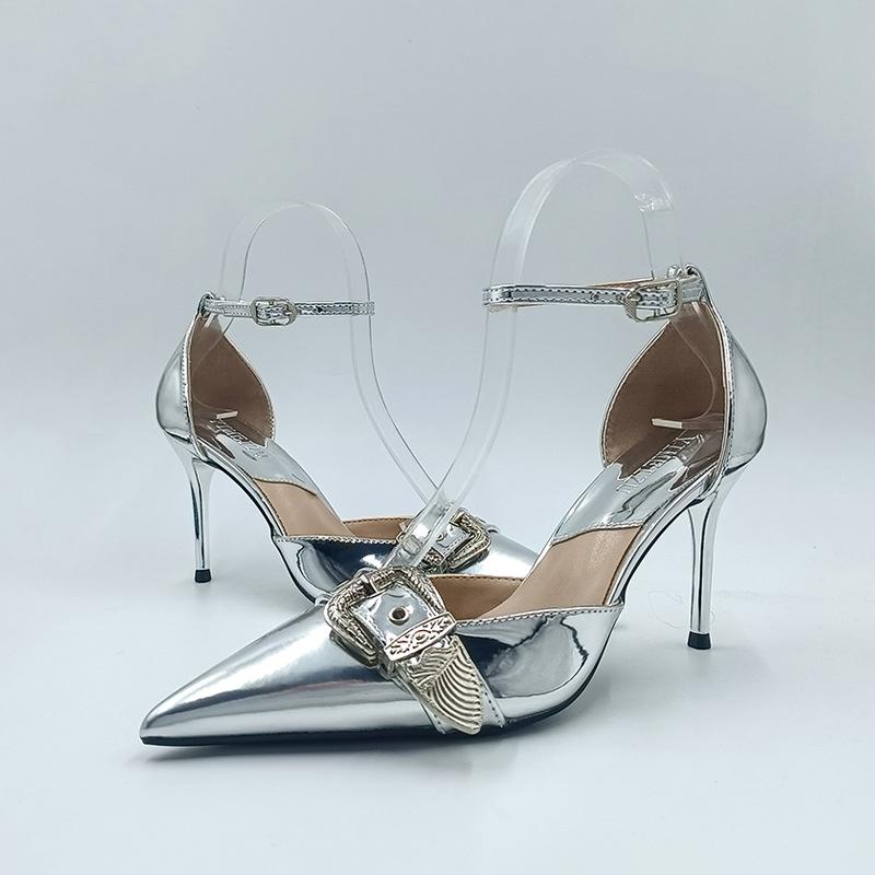 パンプス レディース 女性用 ハイヒール ポインテッドトゥ ピンヒール メタルバックル 無地 PUレザー ..