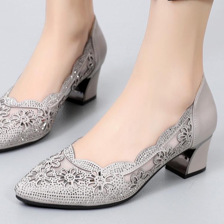 パンプス レディース ポインテッドトゥ ラインストーン メッシュ サンダル スリングバック ミドルヒー..