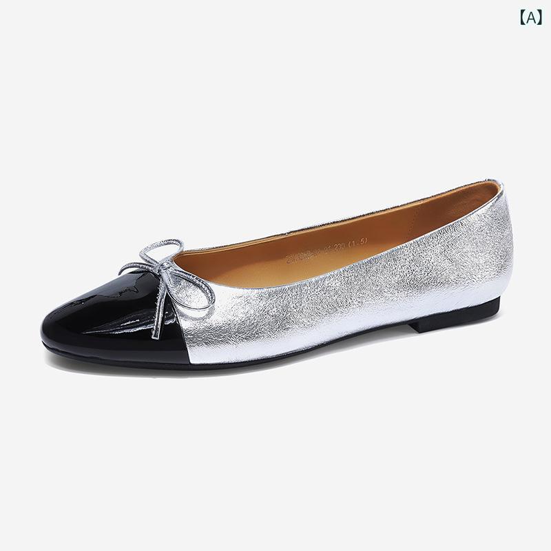 フラットシューズ レディース 丸頭 ぺたんこ靴 レザー シルバー シルバー 深いガンメタル 配色 春夏 秋冬 ローヒール スリッポン 普段使い