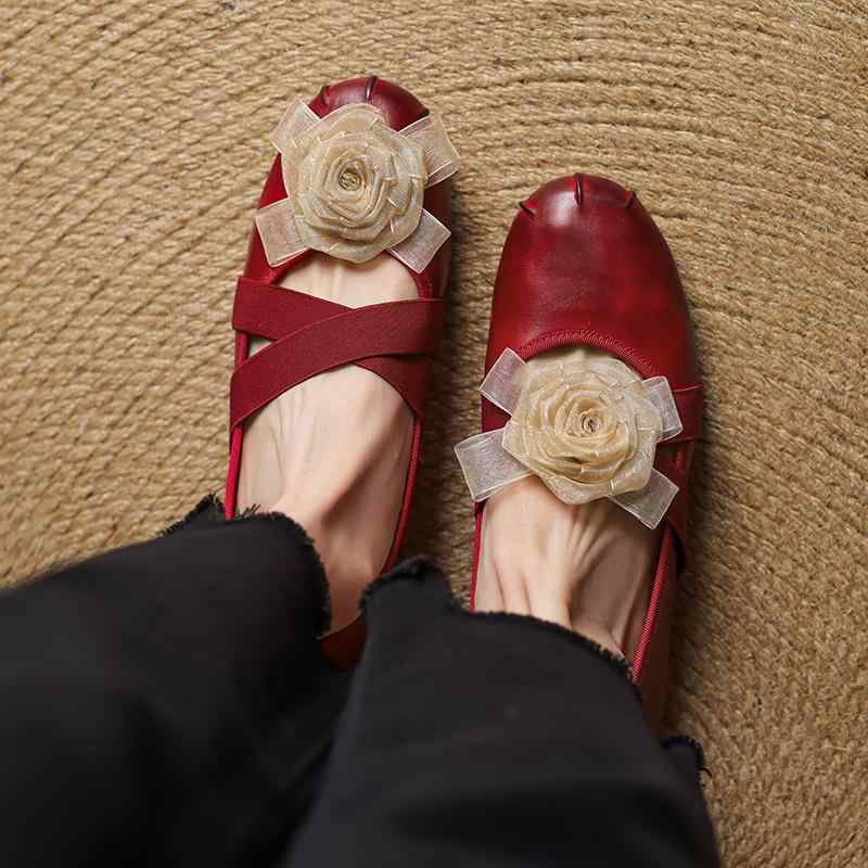 バレエシューズ レディース 革 フラットシューズ 花柄 ローヒール ぺたんこ靴 ラウンドトゥ レザー 杏..