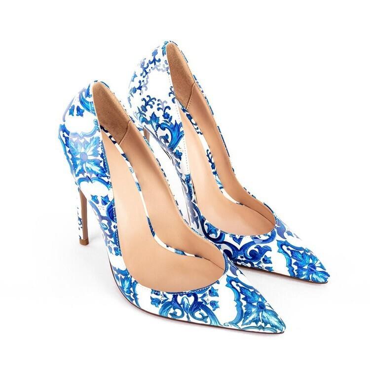 パンプス レディース 女性用 靴 シューズ ハイヒール ポインテッドトゥ 花柄 ブルー 青 高ヒール 8cm以..