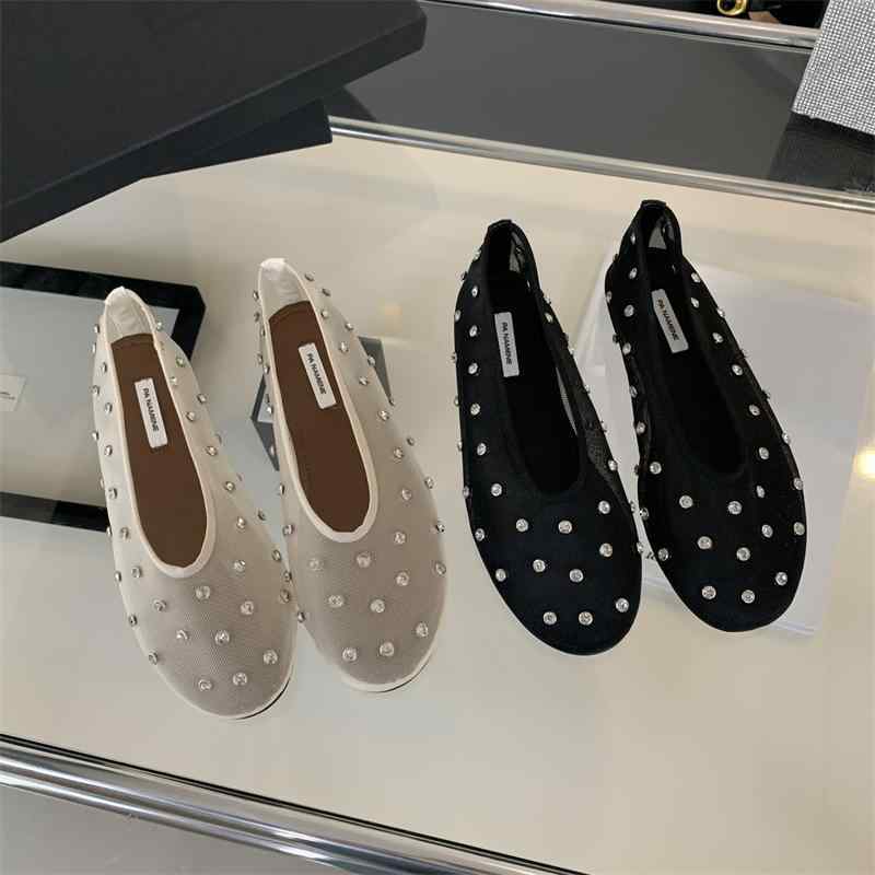 パンプス レディース バレエシューズ ラインストーン メッシュ チャンキーヒール ローヒール ラウンド..