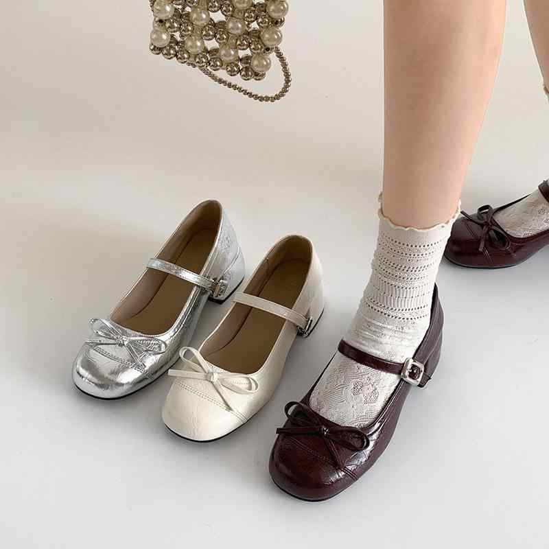 パンプス レディース 婦人靴 マリージェーンスタイル 太ヒール ローヒール ラウンドトゥ スリップオン フェイクレザー 合成皮革 無地 春夏 ワインレッド ベージュ シルバー