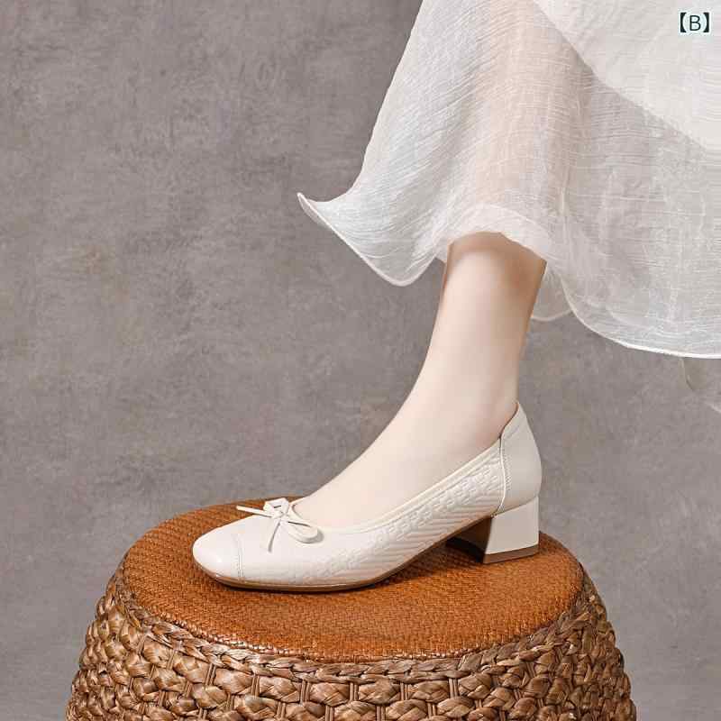 パンプス レディース バレエシューズ ローヒール 牛革 痛くなりにくい 歩きやすい 春夏 黒 白 黄色 革 太めヒール 疲れにくい ぺたんこ フラットシューズ