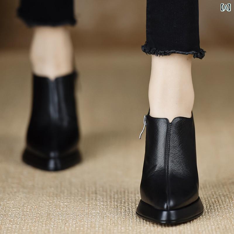 パンプス レディース ポインテッドトゥ ハイヒール 太ヒール ストーム付き 繊維 スムース フェイクレザー 合成皮革 無地 ミドル丈 チャンキーヒール ジッパー付き ブラック ブラウン 春夏 秋冬