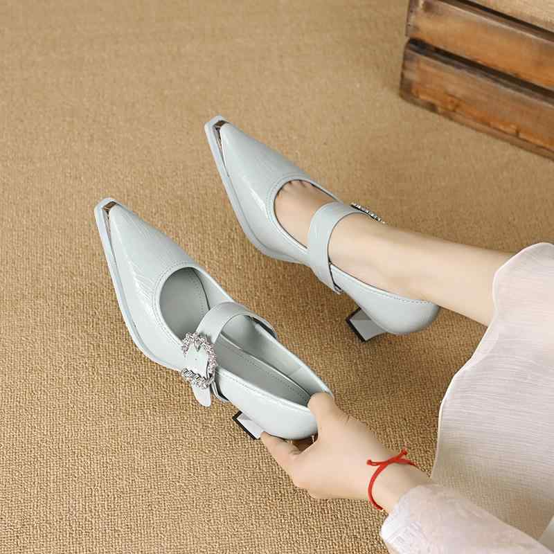 パンプス レディース 高ヒール メリージェーン 合成皮革 ラインストーン 飾り付き ポインテッドトゥ ピ..