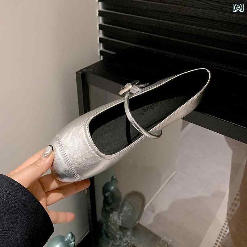 靴 レディース メリージェーンシューズ シルバー フラット ローヒール ラウンドトゥ 革 春夏 カジュアル 歩きやすい 履きやすい 厚底 黒 シルバー 茶色 杏色