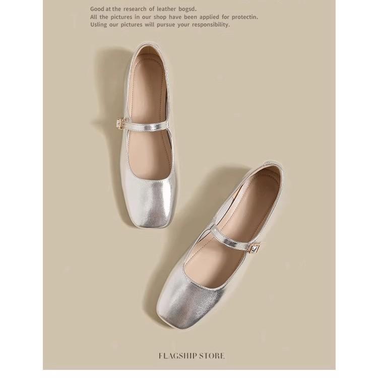 靴 レディース マリージェーンシューズ 革 ローヒール パンプス シルバー シルバー スクエアトゥ チャンキーヒール ストラップ 春夏