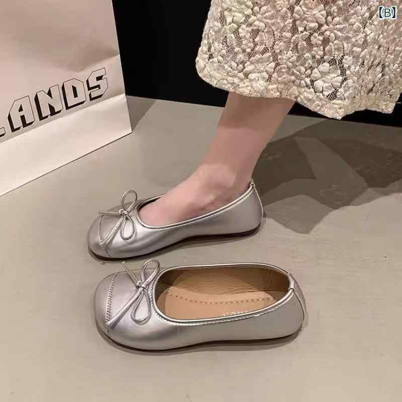 パンプス レディース バレエシューズ フラットシューズ ぺたんこ 浅履き スクエアトゥ リボン スエード調 春 ベージュ系 レッド系 シルバー 通勤 普段使い