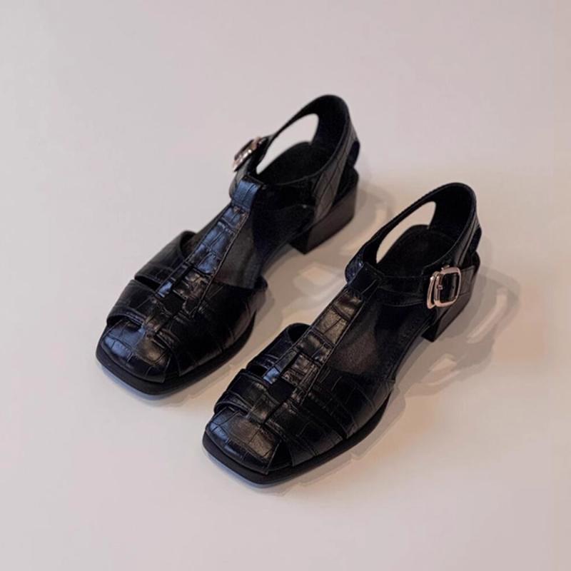 サンダル レディース 羊革 ローマ風 編み込み スクエアトゥ 太ヒール 革 通気性 オフィス カジュアル ブラック ブラウン 春夏