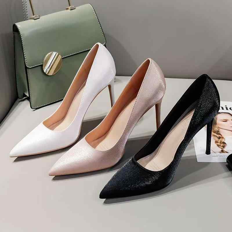 パンプス レディース ポインテッドトゥ ピンヒール 6cm 8cm 10cm 無地 スリップオン 絹 春夏 秋冬 オフ..
