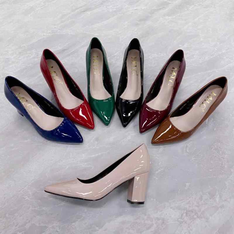 パンプス レディース 婦人靴 ハイヒール ポインテッドトゥ 太ヒール チャンキーヒール エナメル 無地 ..