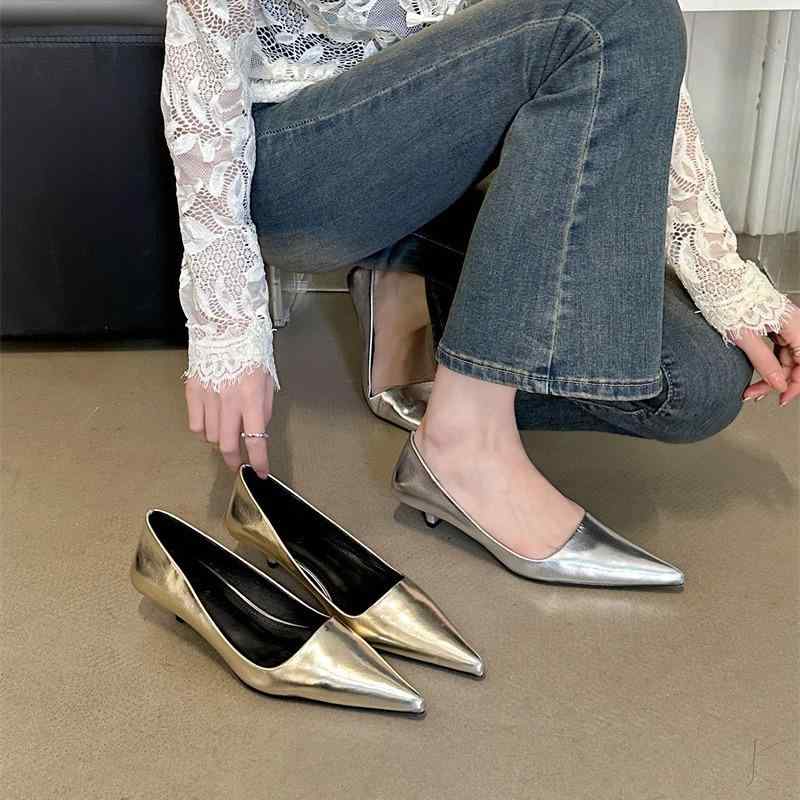 パンプス レディース ポインテッドトゥ ハイヒール 6cm 7cm 8cm シルバー ゴールド 婦人靴 通勤 オフィス フェイクレザー 合皮 春夏