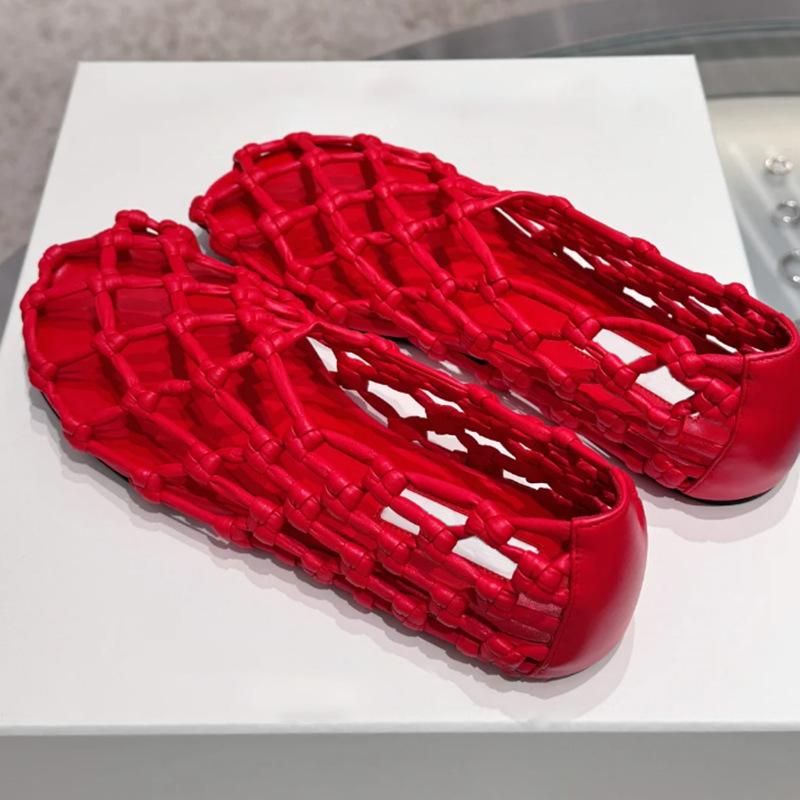 サンダル レディース 羊革 フラット ラウンドトゥ メッシュ 編み込み スリッポン ローヒール メリージェーン 春夏 赤 黒 白 茶色