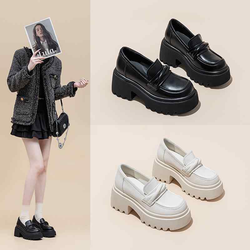 ローファー レディース 厚底 革 防水 ラウンドトゥ 太ヒール 高ヒール 8cm以上 スリッポン カジュアル..