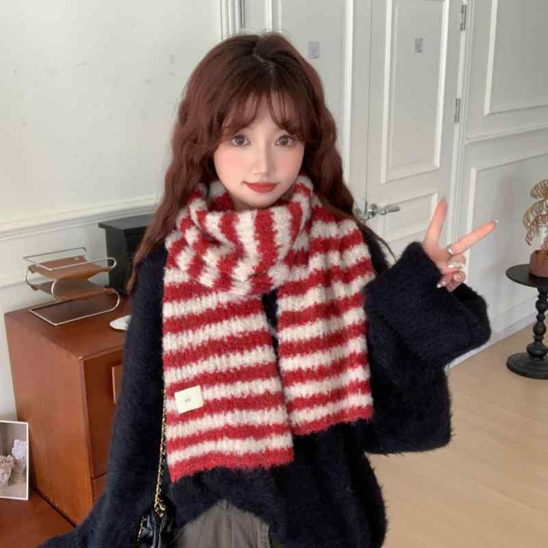 マフラー レディース 秋冬 保温 ニット レトロ 配色 ボーダー ストライプ 韓国風 かわいい ガーリー カジュアル 通勤 通学