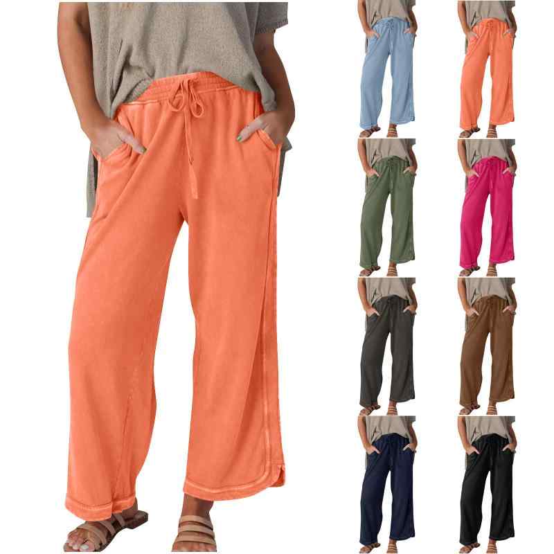 Cropped Pants - パンツ レディース カジュアル ワイドレッグパンツ スウェットパンツ 綿 混紡 快適 普段使い ブラック グリーン オレンジ ピンク系 ライトブルー ブラウン ネイビー ダークグレー 春夏
