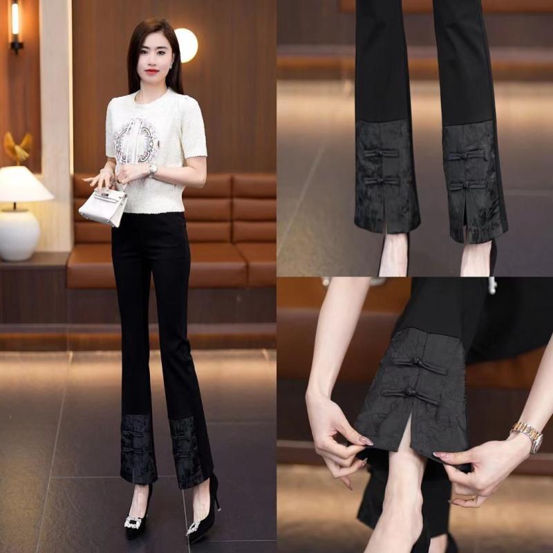 パンツ レディース チャイナ風 テーパードパンツ ポリエステル ブラック 黒 高見え 高腰 春夏 エレガント 通勤 9分丈