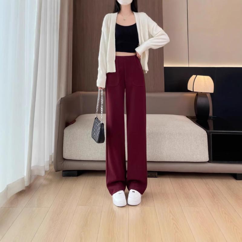 パンツ レディース ワイドパンツ ストレートパンツ 高腰 毛混紡 秋冬 カジュアル 韓国 ポリエステル ブラック レッド ブラウン S M L XL 2XL 3XL 4XL