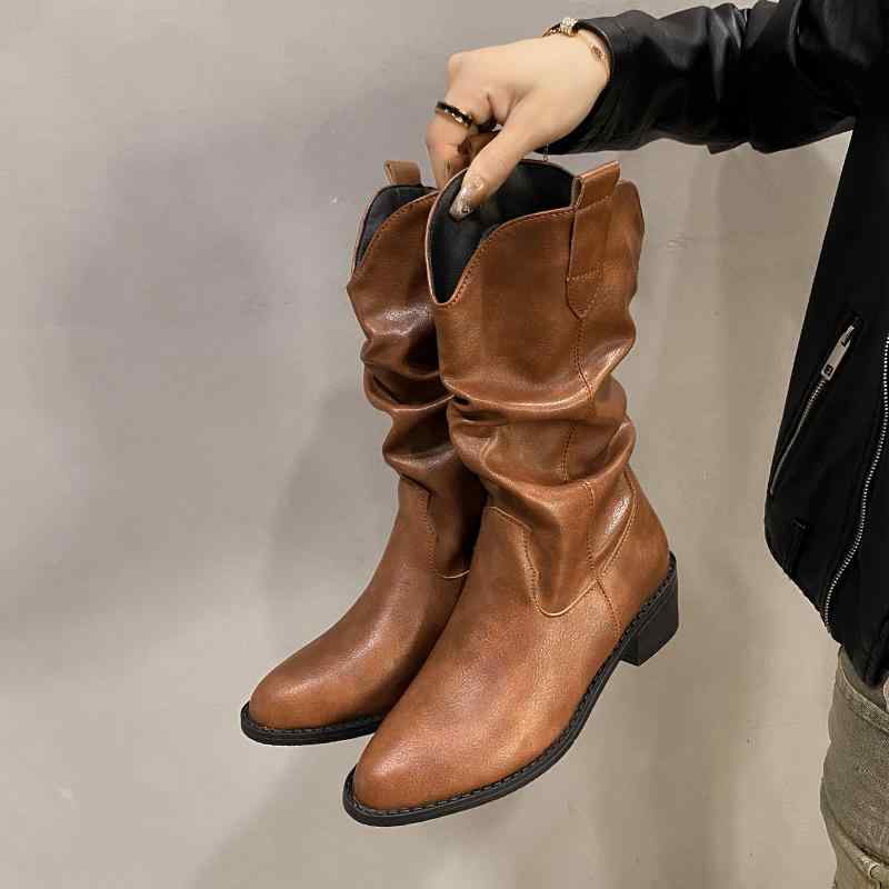 ブーツ レディース 筒丈ミドル丈 太ヒール ポインテッドトゥ ウェスタンブーツ カウボーイブーツ ショ..