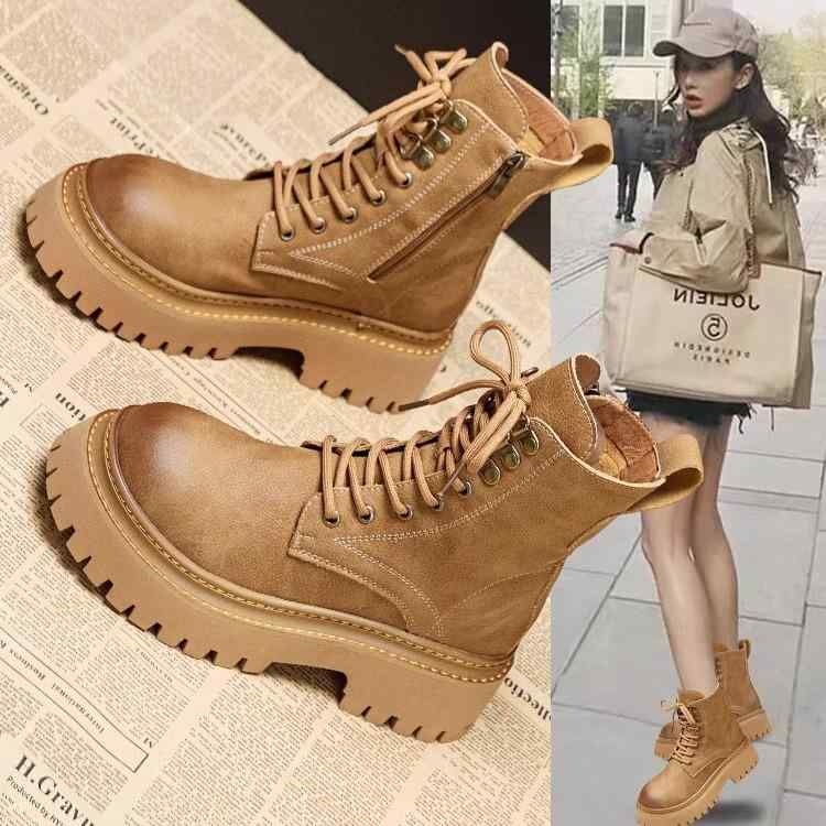 ブーツ レディース 厚底 ショートブーツ 革 レースアップ インヒール チャンキーヒール ラウンドトゥ 春秋 秋冬 ワークブーツ レトロ ヴィンテージ加工 普段使い カジュアル 婦人靴 225cm～250cm
