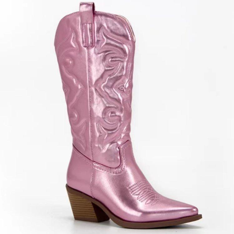 ブーツ レディース 騎士ブーツ ミドル丈 ポインテッドトゥ 太ヒール 無地 秋冬 ゴールド シルバー ブラック ピンク系