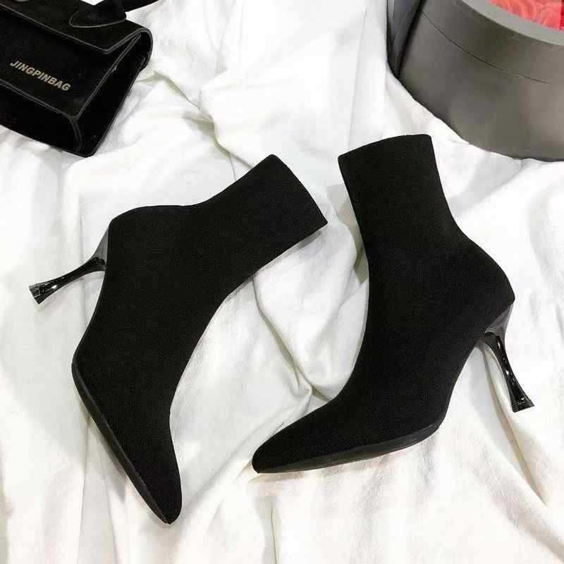 ブーツ レディース 婦人靴 ハイヒール ポインテッドトゥ ストレッチ ソックスブーツ ショートブーツ ミ..