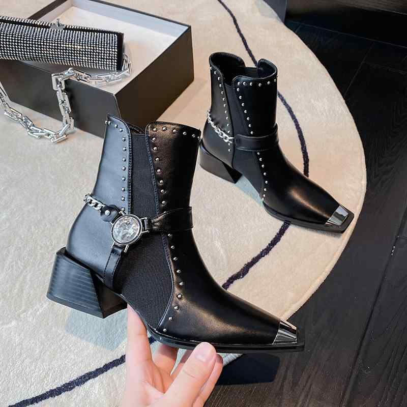 ブーツ レディース ショートブーツ チェルシーブーツ 秋冬 スクエアトゥ 太ヒール メタルチェーン ジルコニア飾り フェイクレザー ブラック
