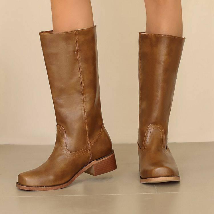 ブーツ レディース ウエスタンブーツ ミドル丈 チャンキーヒール 太ヒール ラウンドトゥ 美脚 歩きやす..