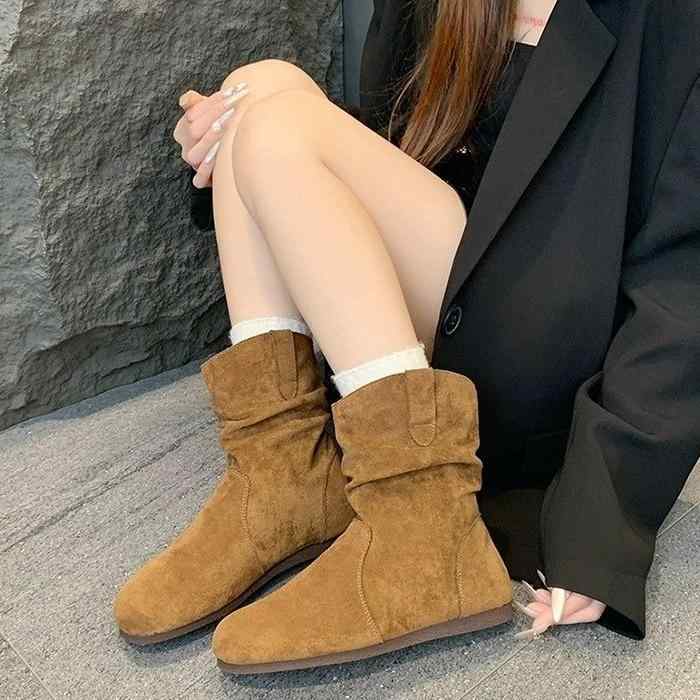 ブーツ レディース プレーン カラー ラウンドトゥ スタックドブーツ 秋冬 ローカット 太ヒール 6cm~8cm 合成PUレザー ラバーソール 杏色 ブラウン