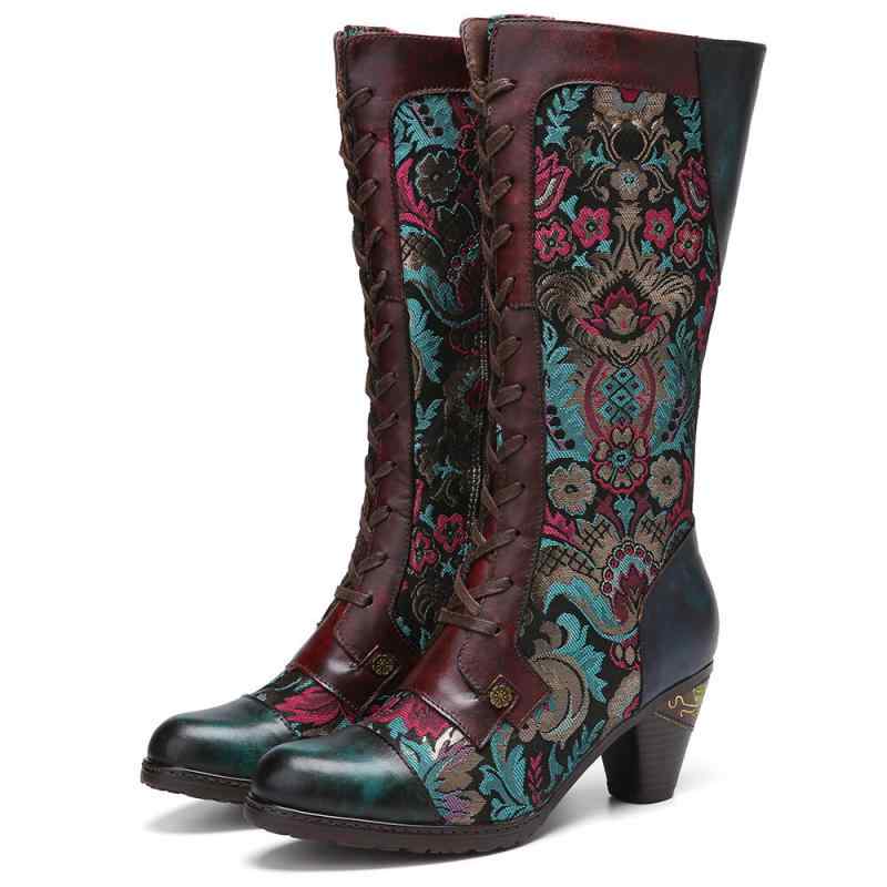 ブーツ レディース 婦人靴 ショートブーツ 革 牛革 レザー 花柄 粗ヒール ハイヒール 黒 ブラック ブルー 青 6cm 7cm 8cm センチ 風 ラウンドトゥ 秋冬