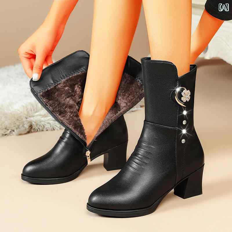 ブーツ レディース 大きいサイズ 厚手 裏起毛 コットン 中ヒール ラインストーン パール付き ミドル丈 チャンキーヒール 秋冬 ラウンドトゥ サイドジップ 42