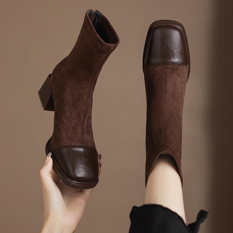 ブーツ レディース ショートブーツ 秋冬 チャンキーヒール スクエアトゥ 配色 スエード調 ローヒール ..