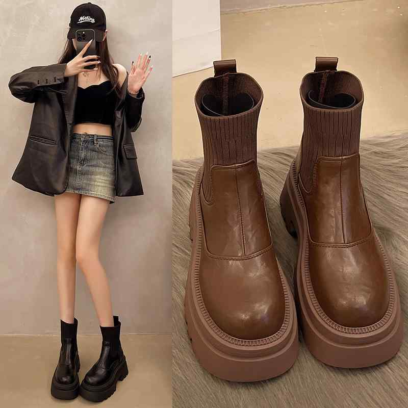 ブーツ レディース 筒あり ニット 厚底 ショートブーツ 秋冬 防水 クッション性 歩きやすい 履きやすい..