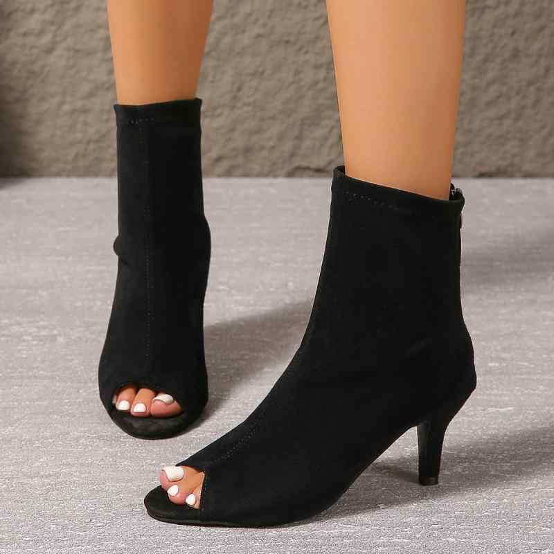 ブーツ レディース 魚口 オープントゥ スティレットヒール バックジップ スエード調 ショートブーツ セクシー 大きいサイズ 黒 秋冬