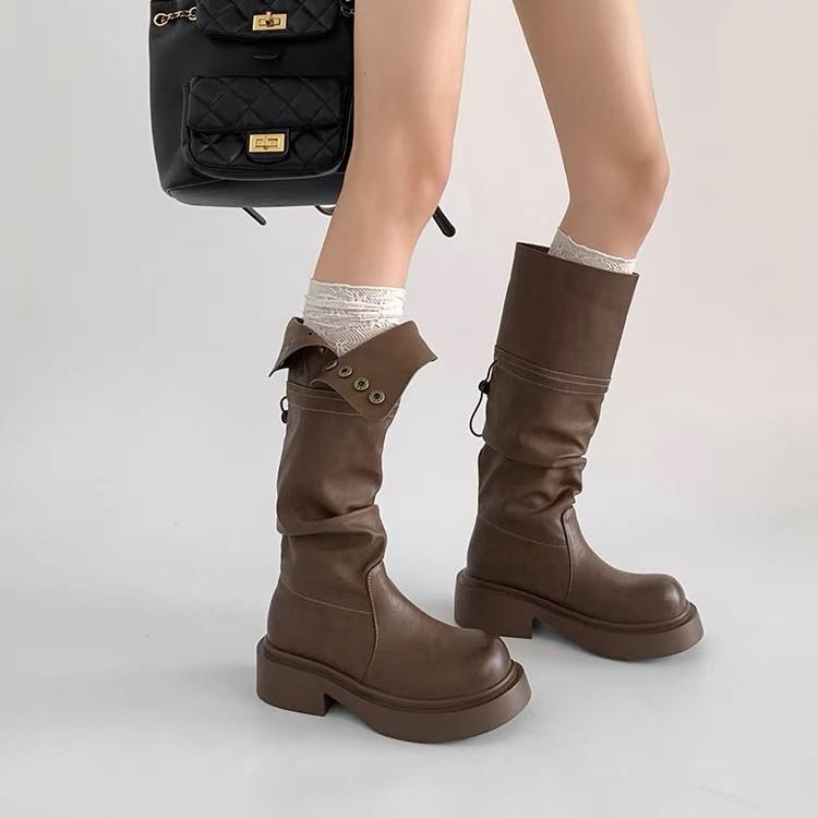 ブーツ レディース 2WAY 折り返し ロングブーツ ジョッキーブーツ チャンキーヒール 厚底 ラウンドトゥ 膝下丈 伸縮性 合皮 スエード調 普段使い ブラウン ブラック 秋冬
