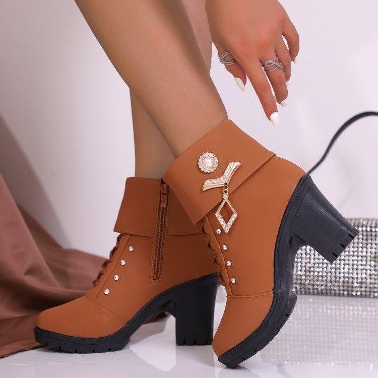 ブーツ レディース ショートブーツ 太ヒール ジッパー 防水 厚底 ラインストーン ミドル丈 秋冬 黒 ブ..