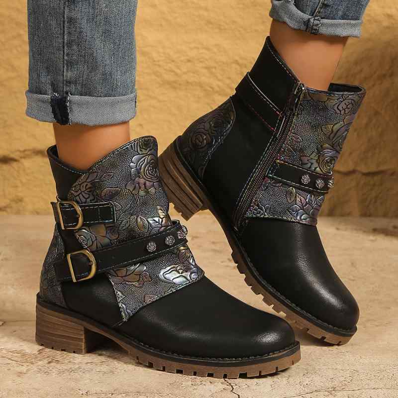ブーツ レディース ウエスタンブーツ 花柄 トーテム柄 サイドジップ ミドル丈 3cmヒール 婦人靴 ブラッ..