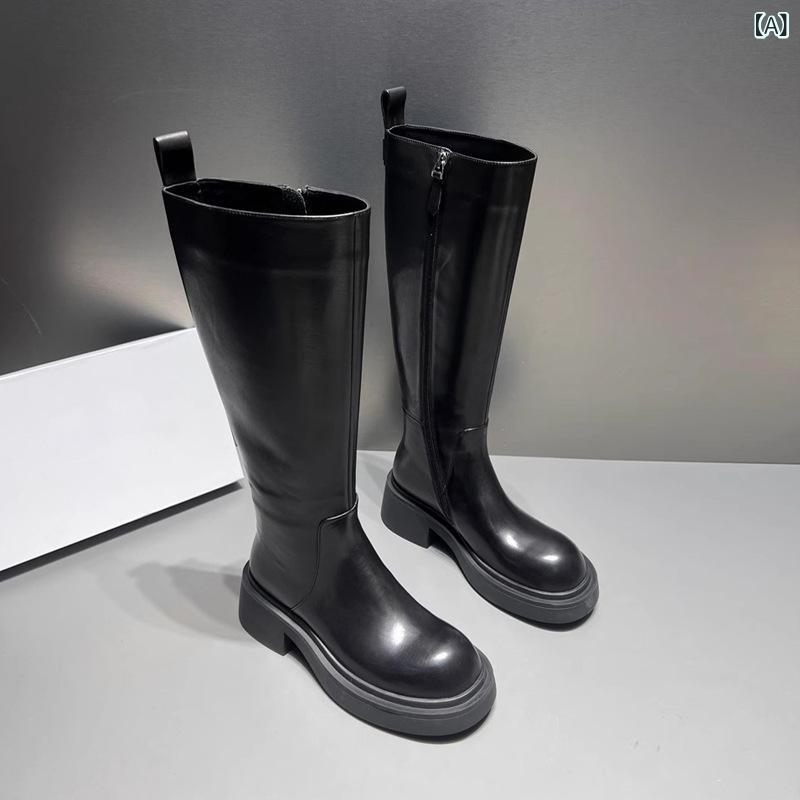 ブーツ レディース 秋冬 ミドル丈 チャンキーヒール ラウンドトゥ サイドジップ 繊維 婦人靴 ブラック 無地 普段使い