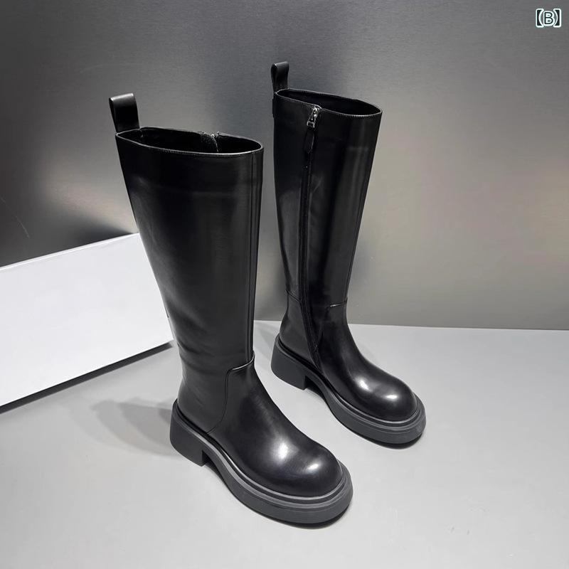 ブーツ レディース 秋冬 ミドル丈 チャンキーヒール ラウンドトゥ サイドジップ 繊維 婦人靴 ブラック 無地 普段使い