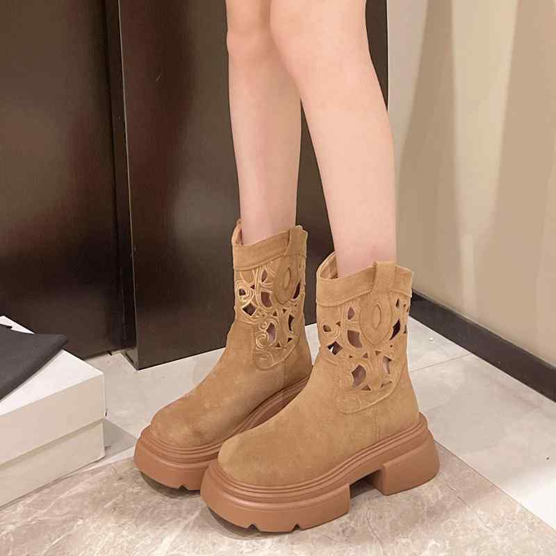 ブーツ レディース ウエスタンブーツ ミドル丈 6cmヒール チャンキーヒール スエード調 刺繡 ラウンド..