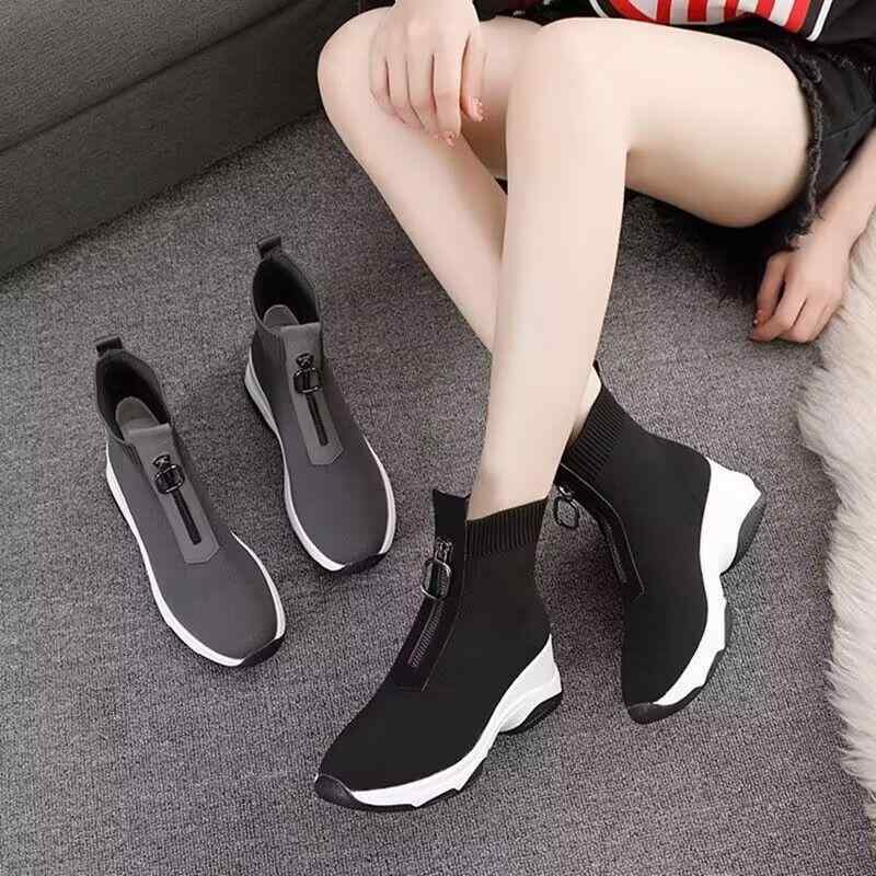 ショートブーツ レディース 革 秋冬 厚底 スリッポン ハイヒール 6cm~8cm 伸縮性 ストレッチ ソックス..