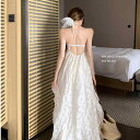 ワンピース レディース 春 リゾート風 背中開き ホルターネック Aライン ロングワンピース パッド付き ビーチスカート 3D ギャザー ウエストベルト ポリエステル エレガント