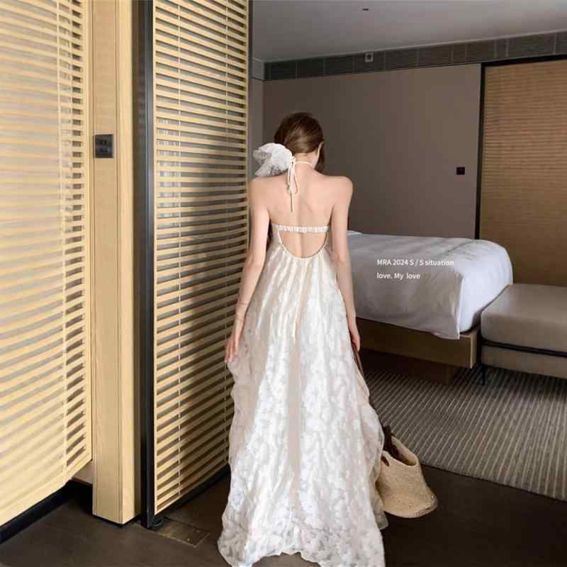 ワンピース レディース ビーチ リゾート風 背中開き Aライン ロングワンピース チュニック ノースリーブワンピース ポリエステル 高腰 ギャザー ゆったり A字スカート ベージュ フェミニン スタイル